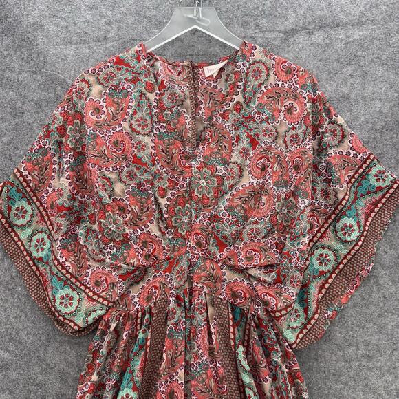 Boeme Womens Paisley Print Maxi Dress Size M Pink Teal Kimono Sleeve Boho Resort - Picture 7 of 13